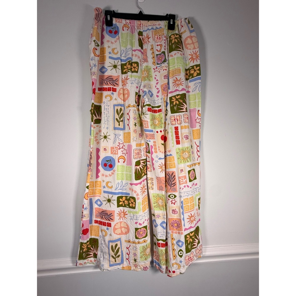 Cali 1850 Novelty Print Wide Leg Pants Rayon Linen Blend XL Multicolor Boho - Picture 3 of 10